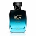 RASASI Hawas Malibu by Rasasi 100ml EDP — A square glass perfume bottle with a gradient blue to black finish, featuring gold Arabic and English text. The cap is black and textured like a coiled snake.