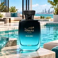 RASASI Hawas Malibu by Rasasi 100ml EDP — Black and blue gradient perfume bottle with braided cap, set by a poolside with a city skyline in the background.