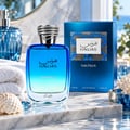 RASASI Hawas Nautilus by Rasasi 100ml EDP — Blue gradient glass bottle with textured silver cap, next to its blue textured box on a marble surface with seashells and coral.