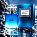 RASASI Hawas Nautilus by Rasasi 100ml EDP — Blue gradient glass perfume bottle with a textured silver cap, next to its matching blue box, displayed on wet rocks with water reflections.