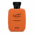 RASASI Hawas Overdose — Orange perfume bottle with black textured cap and Arabic script.