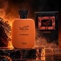 RASASI Hawas Overdose by Rasasi 100ml EDP — Orange perfume bottle with black textured cap, placed on dark textured rocks with smoke and fiery orange background.