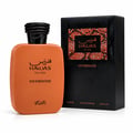 RASASI Hawas Overdose by Rasasi 100ml EDP — Orange perfume bottle with black textured cap next to its black textured box with orange and black patterned label.