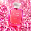 RASASI Hawas Pink by Rasasi 100ml EDP — Pink glass perfume bottle with water droplets, surrounded by pink crystals and bokeh lights.