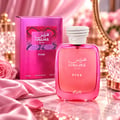 RASASI Hawas Pink by Rasasi 100ml EDP — Pink perfume bottle and box with snake skin detail, set against a soft pink floral and sunset beach background, with scattered crystals.