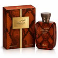 RASASI Hawas Private Dulce by Rasasi 100ml EDP — Kotak dan botol bercorak kulit ular jingga dengan aksen emas dan penutup bertekstur, di atas latar putih.