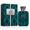 RASASI Hawas Private Luceo by Rasasi 100ml EDP — Teal snakeskin patterned perfume box and bottle with silver snake-like cap detail