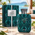 RASASI Hawas Private Luceo by Rasasi 100ml EDP — Teal snakeskin patterned perfume bottle and box set against a tropical resort background with ocean view