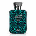 RASASI Hawas Private Luceo by Rasasi 100ml EDP — Teal snakeskin patterned bottle with a coiled silver snake cap, white text.