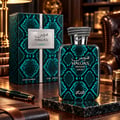 RASASI Hawas Private Luceo by Rasasi 100ml EDP — Teal snakeskin patterned perfume box and bottle with a snake-shaped cap, displayed on a wooden desk with a pen and leather notebook.