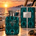 RASASI Hawas Private Luceo by Rasasi 100ml EDP — Teal snakeskin patterned bottle with a coiled snake cap, presented with its matching box and sunglasses on a yacht deck at sunset.