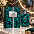 RASASI Hawas Private Luceo by Rasasi 100ml EDP — Teal snakeskin patterned box and bottle with silver accents, displayed on a marble surface with a blurred floral arrangement and mirror.