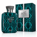 Rasasi Hawas Private Luceo EDP — Teal snakeskin patterned perfume bottle and box with silver snake cap detail
