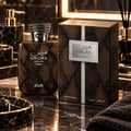 RASASI Hawas Private Terra by Rasasi 100ml EDP — Brown snakeskin textured bottle and box with silver accents, displayed on a marble surface with a soap dispenser and towel.
