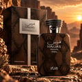 RASASI Hawas Private Terra — Brown snake-skin patterned perfume bottle and box set against a rocky desert landscape at sunset, with a coiled snake design on the bottle cap.