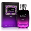 RASASI Hawas Reina by Rasasi 100ml EDP — Kotak hitam dan ungu gradien dengan corak geometri ungu dan perak bertekstur terletak di sebelah botol minyak wangi kaca gradien yang sepadan dengan penutup perak seperti ular.