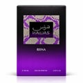 RASASI Hawas Reina oleh Rasasi 100ml EDP — Kotak hitam dengan gradien ungu, menampilkan bingkai bertekstur dengan tulisan Arab dan teks 'HAWAS', serta teks 'REINA' di bawah.