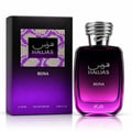 RASASI Hawas Reina by Rasasi 100ml EDP — Kotak hitam dan ungu gradien dengan corak mozek yang rumit, bersebelahan botol minyak wangi kaca gradien sepadan dengan penutup perak bertekstur.