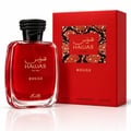 RASASI Hawas Rouge by Rasasi 100ml EDP — Red glass perfume bottle with black braided cap next to a red box with a snake-skin pattern detail.