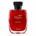 RASASI Hawas Rouge by Rasasi 100ml EDP — A red glass perfume bottle with a black braided cap, featuring gold Arabic and English text 'HAWAS ROUGE For Her'.