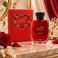 RASASI Hawas Rouge by Rasasi 100ml EDP — Red perfume bottle and matching box with snake print detail, set on a marble surface with a red rose and petals, in a luxurious setting with gold accents and red drapery.