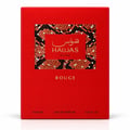 RASASI Hawas Rouge by Rasasi 100ml EDP — Red textured box with a central panel featuring a snake-skin pattern and gold Arabic and English text 'HAWAS For Her', with 'ROUGE' printed below.