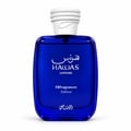 RASASI Hawas Sapphire FB Fragrances Edition by Rasasi — Blue glass perfume bottle with white textured cap, white text.