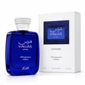 RASASI Hawas Sapphire FB Fragrances Edition by Rasasi 100ml EDP — Blue glass perfume bottle with white textured cap next to its white product box, both featuring blue and gold accents.