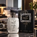 RASASI Hawas Thunder by Rasasi 100ml EDP — Silver bottle with lightning design next to its black and gold box on a marble surface, with a watch and wallet in the foreground.