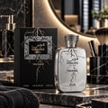 RASASI Hawas Thunder by Rasasi 100ml EDP — Black box with lightning design next to a silver perfume bottle with lightning motif, on a marble countertop with a soap dispenser and makeup brush holder.