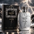 RASASI Hawas Thunder by Rasasi 100ml EDP — Black box and silver bottle with lightning design, set against a stormy sky with lightning strikes.