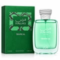 RASASI Hawas Tropical by Rasasi 100ml EDP — Kotak hijau corak ular dan motif daun sebelah botol kaca jernih wangian tropikal hijau bertutup putih bertekstur.