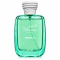 RASASI Hawas Tropical by Rasasi 100ml EDP — Botol kaca hijau dengan penutup bertekstur putih, memaparkan tulisan Arab dan teks "HAWAS Tropical for Him".