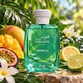 RASASI Hawas Tropical by Rasasi 100ml EDP — Botol kaca hijau bertutup ala tali putih, dikelilingi buah-buahan tropika seperti mangga dan passion fruit, limau, lemon, dan bunga putih.