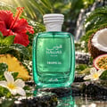 RASASI Hawas Tropical by Rasasi 100ml EDP — Botol kaca hijau bertakung air, dikelilingi buah-buahan tropika seperti nanas dan kelapa, bunga raya merah, dan air terjun di latar belakang.