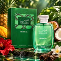 RASASI Hawas Tropical by Rasasi 100ml EDP — Botol dan kotak hijau bersama buah-buahan tropika seperti nanas, mangga, buah markisa, dan bunga.