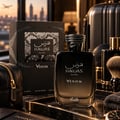RASASI Hawas Venom by Rasasi 100ml EDP — Black perfume bottle with snake-like cap, matching box, leather pouch, and travel accessories on a marble surface.