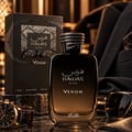 Rasasi Hawas Venom by Rasasi 100ml EDP — Black and gold perfume bottle and box with snake-skin pattern, displayed with a luxury watch and sunglasses on a marble surface.