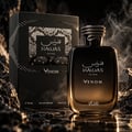 RASASI Hawas Venom by Rasasi 100ml EDP — Black perfume bottle with snake-shaped cap, alongside its matching black box with snake print detail, set against a dark, rocky background with smoke wisps.