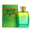 RASASI Hawas Verde oleh Rasasi 100ml EDP — Botol kaca gradien hijau dengan penutup emas ala ular, bersebelahan kotak hijau sepadan dengan corak emas