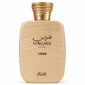 RASASI Hawas Viper by Rasasi 100ml EDP — Botol emas bertekstur dengan tulisan Arab dan Inggeris, menampilkan 'HAWAS For Him VIPER' dan penutup berlukisan ular melingkar.