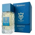 Bujairami Hectic — Botol minyak wangi kaca jernih corak berlian dan penutup biru, sebelah kotak persembahan biru dengan logo dan tulisan emas.