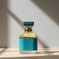 Bujairami Houdini by Bujairami 100ml Extrait — Clear glass perfume bottle with a turquoise leather-like band and gold accents, featuring a gold crown logo and text, set against a light background with soft shadows.
