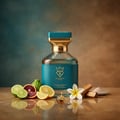 Bujairami Houdini by Bujairami 100ml Extrait — A teal and gold perfume bottle with citrus fruits, a flower, and wood pieces on a reflective surface.