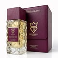 Bujairami Imperial Oud by Bujairami 100ml Extrait — Clear faceted glass perfume bottle with gold liquid, topped with a dark wood cap, next to its matching plum-colored presentation box with gold logo.