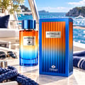 TADangel Intrigue Aquatic by TadAngel 100ml EDP Unisex — Botol wangian biru dan jingga gradien serta kotaknya dipamerkan di atas dek kapal layar dengan laut dan pulau di latar belakang, cermin mata hitam dan tali di latar depan.