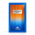 TADangel Intrigue Aquatic oleh TadAngel 100ml EDP Unisex — Kotak minyak wangi segi empat dengan bingkai biru dan corak belang menegak dari oren ke biru, dengan label perak tertulis 'INTRIGUE aquatic' dan logo TADangel di bahagian bawah.