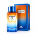 TADangel Intrigue Aquatic oleh TadAngel 100ml EDP Unisex — Botol minyak wangi kaca gradien bertutup biru, bersebelahan kotak berjalur oren dan biru yang sepadan, kedua-duanya memaparkan logo TADangel dan nama produk.