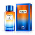TADangel Intrigue Aquatic oleh TadAngel — Botol minyak wangi kaca gradien dengan penutup biru dan kotak berjalur sepadan, menunjukkan warna jingga ke biru.