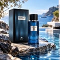 TADangel Intrigue Pour Homme oleh TADangel 100ml EDP Lelaki — Botol minyak wangi kaca biru dan kotak sepadan di atas batu basah tepi kolam renang dengan latar belakang laut yang indah.